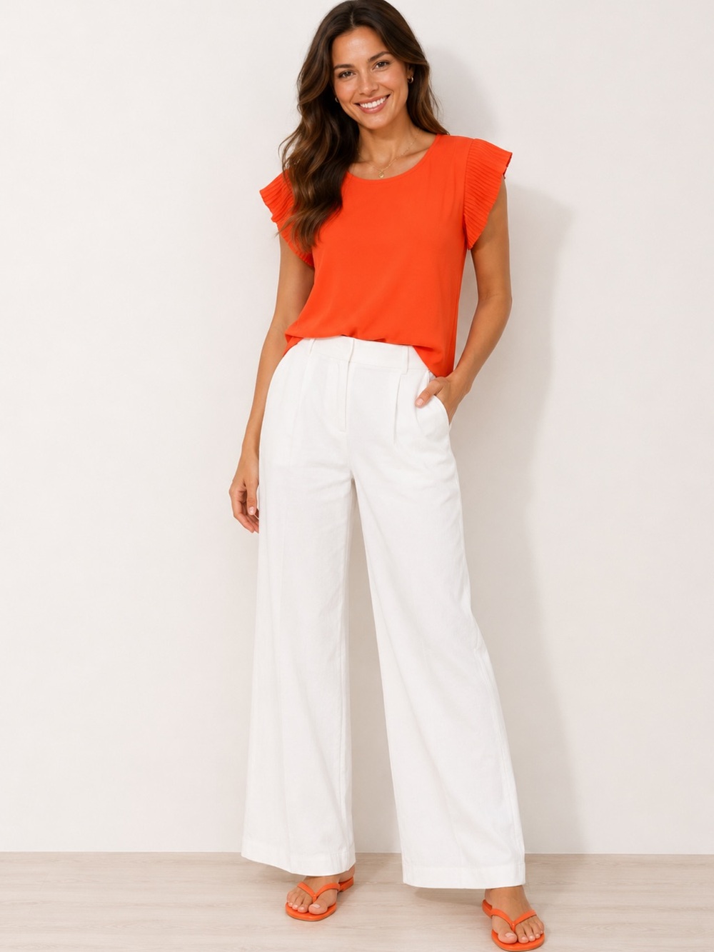 Adrianna Papell Bright Orange Blouse with Pleated Sleeves